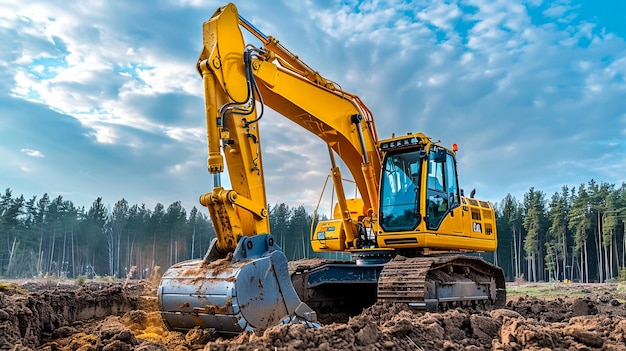 La excavadora y el cargador de ruedas están excavando el suelo en el sitio de construcción sobre el fondo del cielo azul