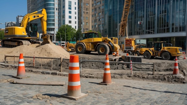 Foto excavadora y conos de tráfico en un sitio de construcción urbano soleado