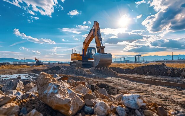 Foto excavadora de construcción en el sitio al atardecer