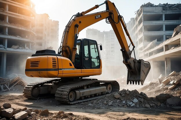 Excavadora de rastreamento em excavação no local de demolição em luz de fundo