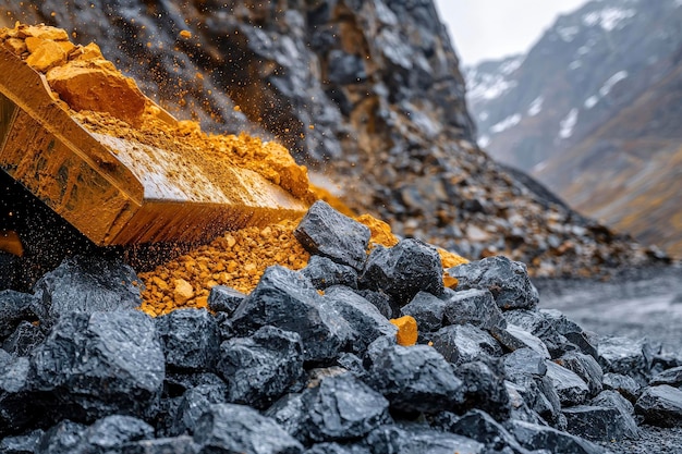 La excavadora descarga cubos de rocas en un paisaje montañoso