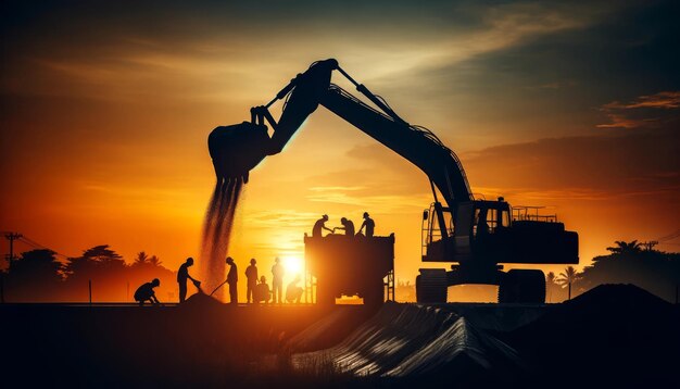 Foto excavadora e trabalhadores no canteiro de obras