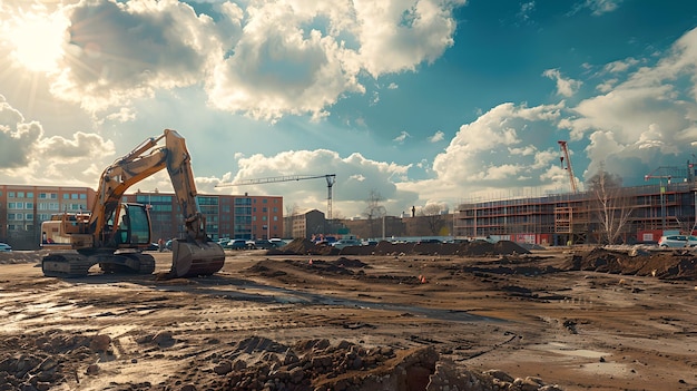 Excavadora em um canteiro de obras sob um céu brilhante Equipamento industrial em ação Capturando o desenvolvimento e o progresso Paisagem urbana IA