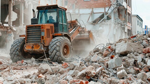 Una excavadora empujando a través de los escombros y escombros de un edificio demolido preparando el sitio para