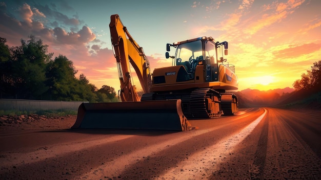 Una excavadora está en una carretera con una puesta de sol al fondo.