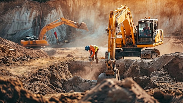 Una excavadora está rastrillando la tierra Excavación industrial excavación sitio de construcción robusta poderosa preparación del suelo generada por IA