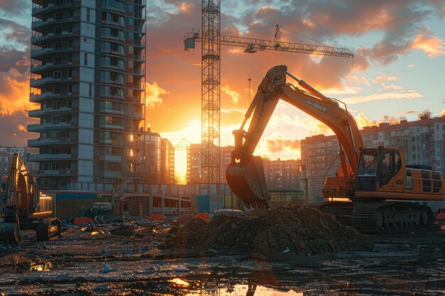 Excavadora y grúas trabajando en el sitio de construcción durante la puesta del sol