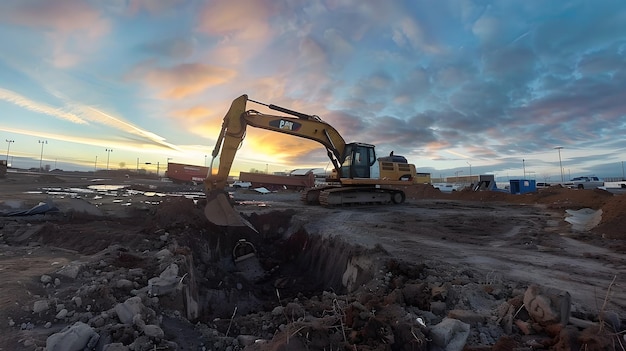 Excavadora no canteiro de obras ao pôr-do-sol Máquinas industriais e desenvolvimento de edifícios Equipamento de movimento de terra em operação Capturado durante a Hora de Ouro AI