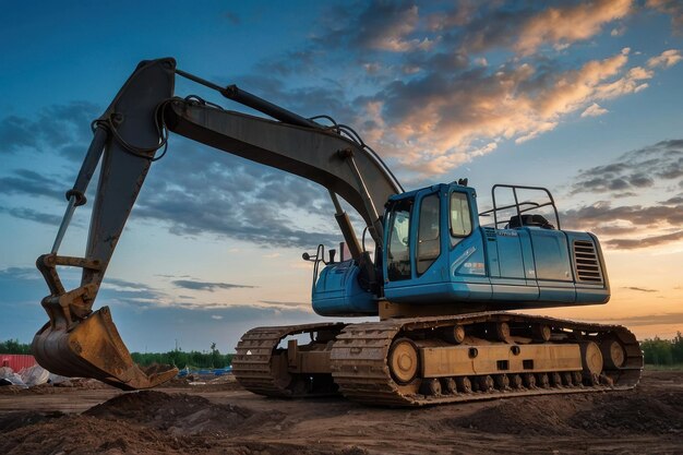 Foto excavadora no canteiro de obras no crepúsculo