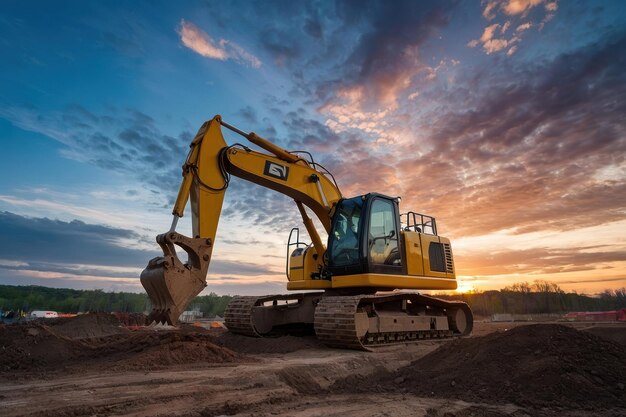 Excavadora no canteiro de obras no crepúsculo