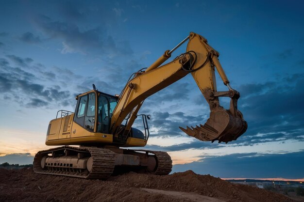 Foto excavadora no canteiro de obras no crepúsculo