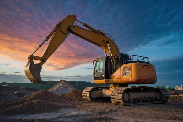 Foto excavadora no canteiro de obras no crepúsculo