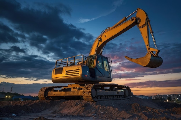 Excavadora no canteiro de obras no crepúsculo