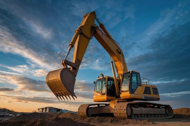 Foto excavadora no canteiro de obras no crepúsculo