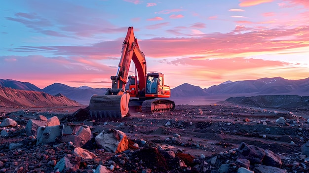 Excavadora operando em uma pedreira ao pôr do sol grandes máquinas contra um céu pintado com cores vibrantes Ideal para temas da indústria da construção AI