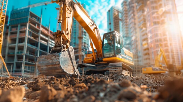 Foto excavadora que opera en el sitio de construcción excavando y moviendo