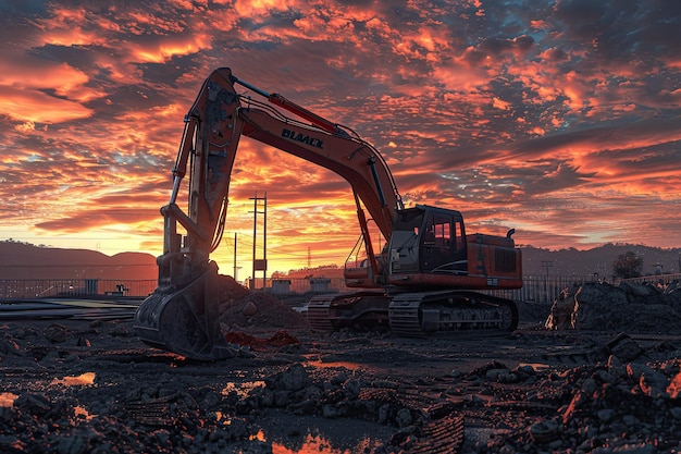 Excavadora en el sitio de construcción al atardecer