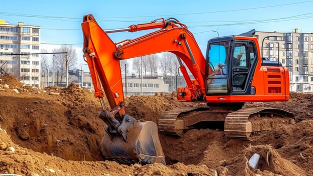 Excavadora en el sitio de construcción cavando profundamente