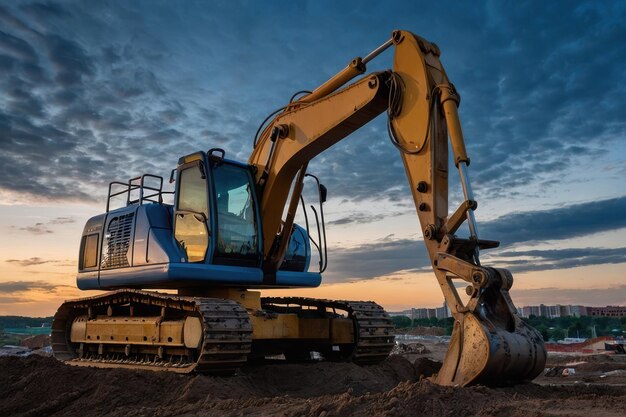 Foto excavadora en el sitio de construcción en el crepúsculo