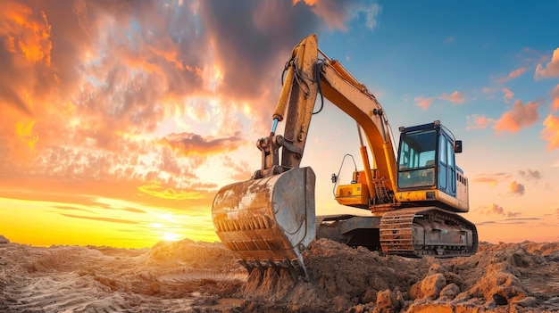 Foto excavadora en el sitio de construcción en el fondo del cielo al atardecer