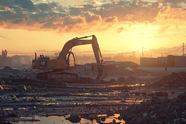 Excavadora en el sitio de construcción durante la puesta del sol