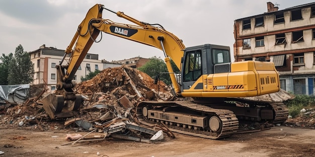 Excavadora del sitio de demolición de la casa de construcción con máquina hidráulica y contenedor amarillo