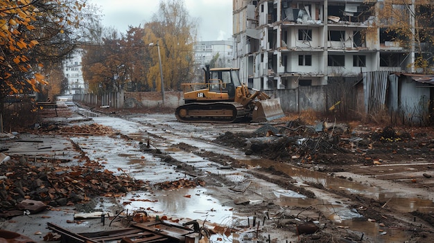 Una excavadora solitaria se encuentra abandonada en una ciudad destruida los edificios están en ruinas las calles están llenas de escombros y los árboles están muertos