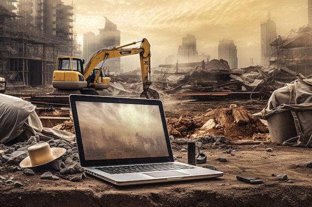 Excavadora trabajando en una computadora portátil en un sitio de construcción con un edificio Una computadora portátil en medio de un sitio de construcción bullicioso simboliza la base del progreso y la innovación en la era digital Generada por IA