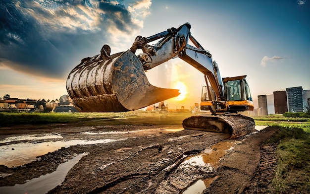 Foto excavadora trabajando en terreno de tierra