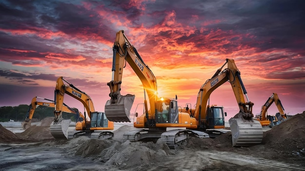 Las excavadoras están trabajando duro en el cielo al atardecer.