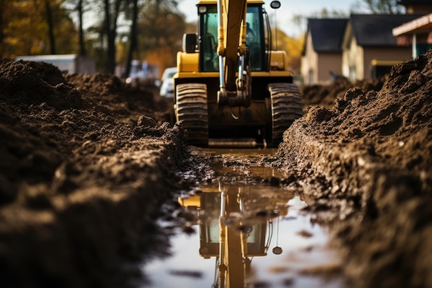 Las excavadoras excavan el suelo y ponen los cimientos en el sitio de construcción