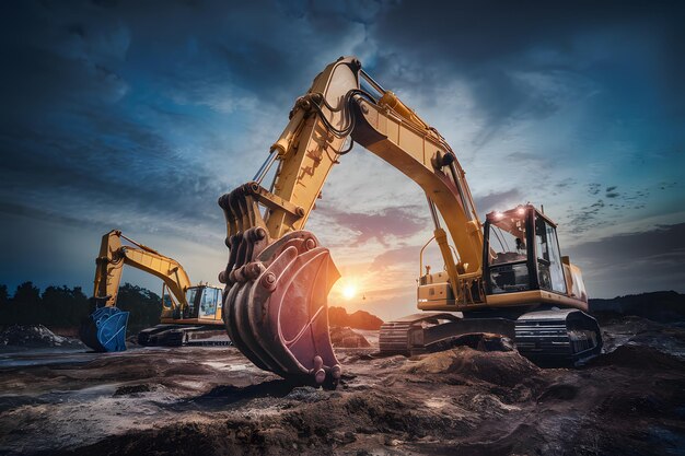 Las excavadoras trabajan en el sitio de construcción por la noche foto de maquinaria pesada