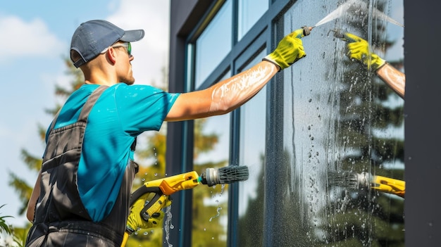 Foto excelencia brillante empleado del servicio de limpieza profesional revive la fachada y las ventanas con d especial