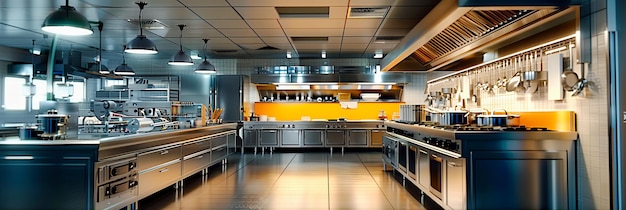 Excelência culinária Uma cozinha profissional pronta para criações gourmet com aparelhos de alta qualidade e um design elegante