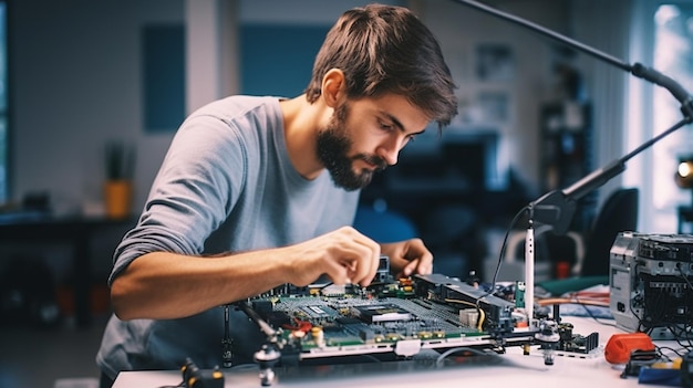 Foto excelência em engenharia inspeção de um chip de computador soldado por um jovem engenheiro adulto