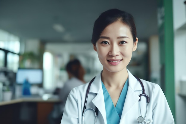 Excelência profissional Médica asiática representa no hospital um símbolo de especialização e cuidado