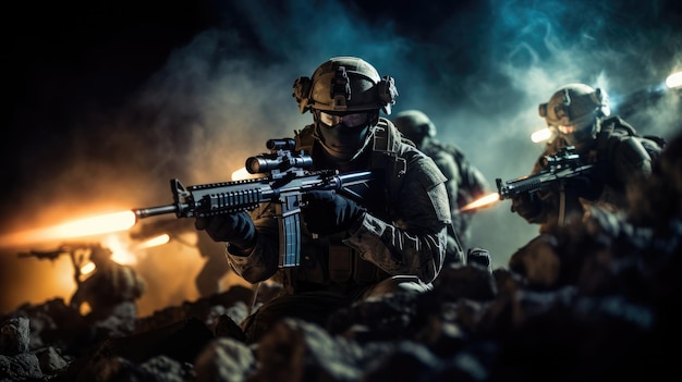 Excelência tática à noite Testemunhe um esquadrão de soldados em ação usando luzes de feixe de visão a laser durante uma missão noturna