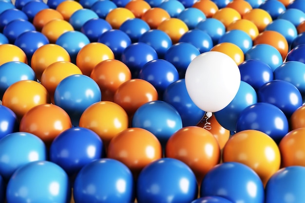 Excelente balão de cor branca flutuando entre o fundo do balão de cor azul e laranja. Renderização 3D.