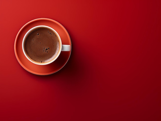 Excelente café aromático caliente en un plano de fondo rojo