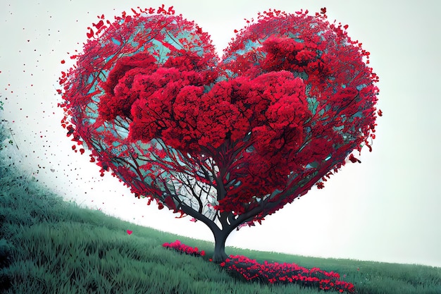 Excelente ilustración de arte digital del árbol de flor roja en forma de corazón