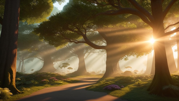 Una excelente imagen de un camino a través de un bosque con rayos de sol AI generativo