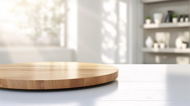 Excelente mesa circular de madeira em um ambiente interior limpo e luminoso com fundo sombreado ideal para maquetes de produtos