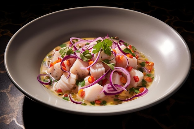 Un excelente plato gourmet de ceviche peruano