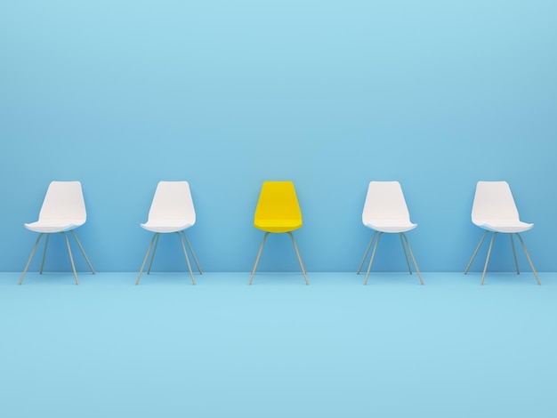 Excelente silla amarilla entre sillas blancas claras Sillas con una extraña ilustración de renderizado en 3d