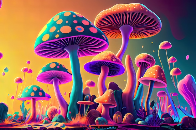 Excelentes hongos coloridos psicodélicos Ilustración digital Pintura Arte Paisaje Fondos Generativo Ai