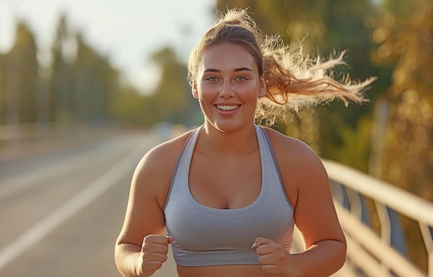 Excesivamente feliz y sonriente una enorme mujer joven gordo, gordo y gordo trabajando afuera mientras usa sostén deportivo y pantalones de ejercicio