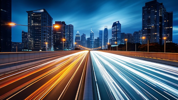 Foto exceso de velocidad abstracto o rápido desdibujamiento del movimiento de un paso elevado de la carretera exposición prolongada a una noche rápida