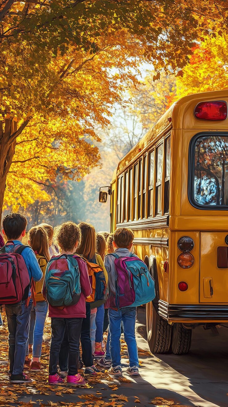 Foto excitação de volta à escola com crianças em mochilas coloridas