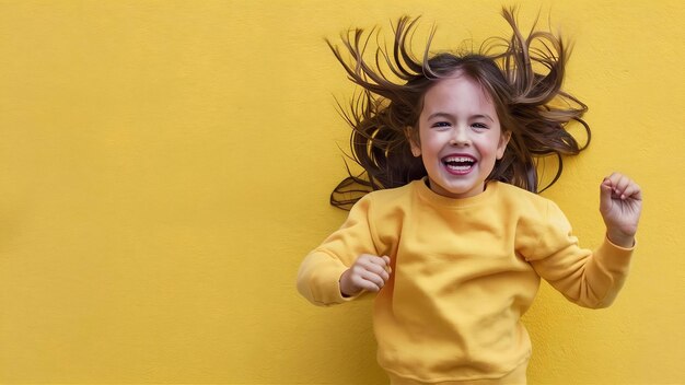 Excitada joven con suéter amarillo haciendo tonterías en el estudio saltando con el cabello revoloteando aislado