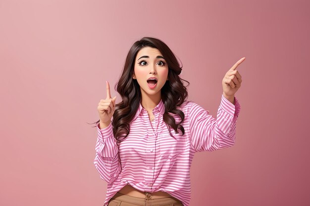 Foto excitada mujer morena sorprendida con camisa a rayas mirando a través del avance del fondo rosa de pie con bolsas de compras y señalando con el dedo a un lado mostrando el espacio de copia para el anuncio